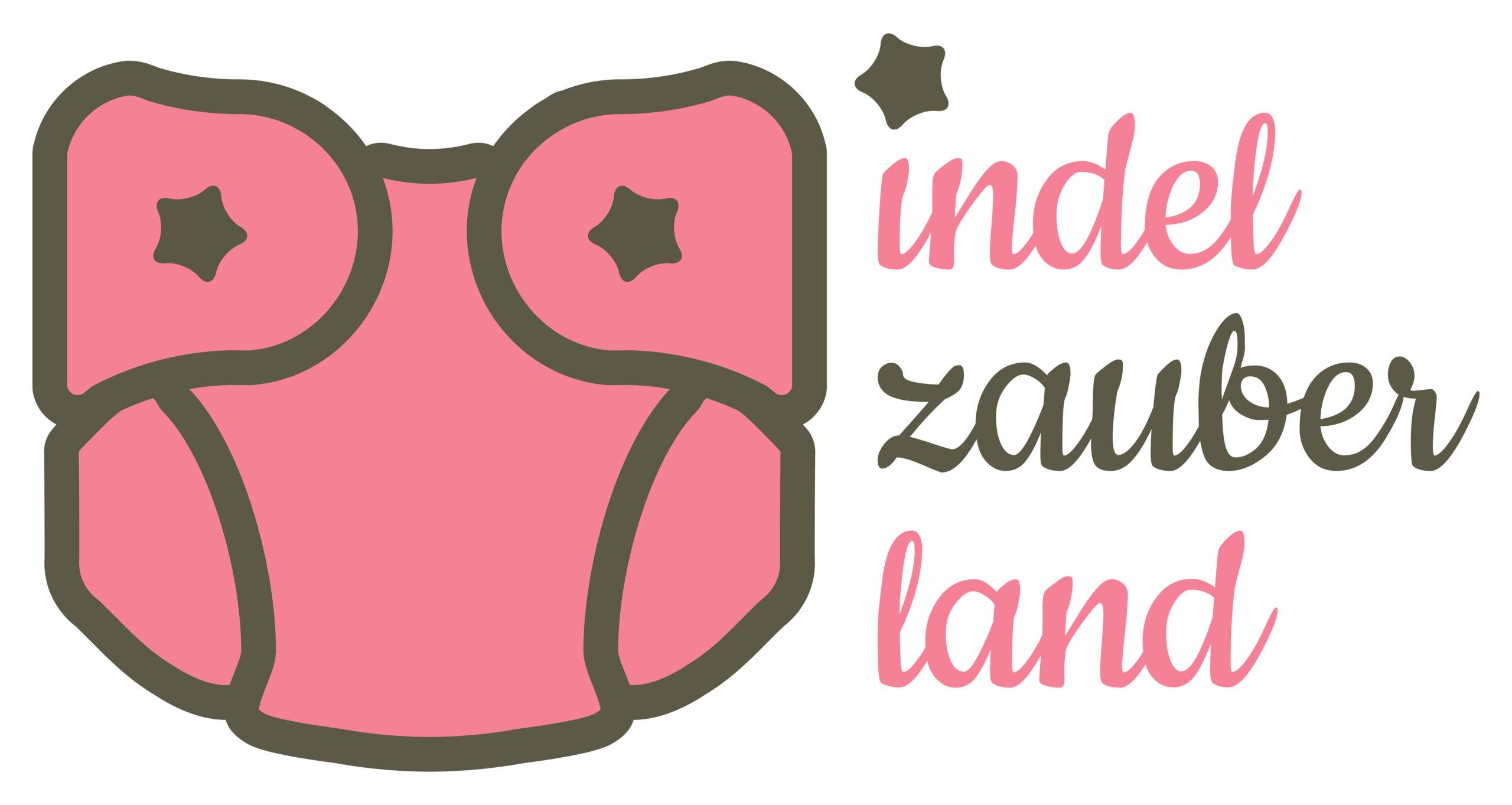 links eine rosa Windel, die einem "W" ähnelt, rechts daneben in drei reihen "indel-zauber-land". Mit der Windel entsteht so das Logo der Marke "Windelzauberland"