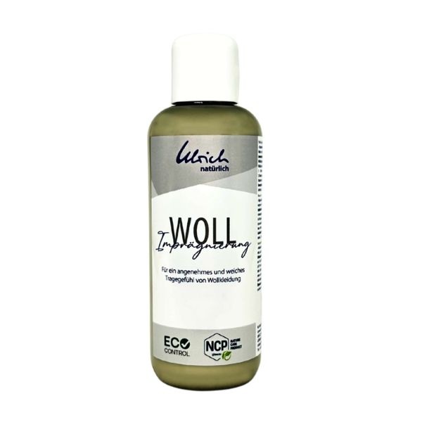 Eine Flasche mit dem Wort Wollimprägnierung der Marke Ulrich natürlich