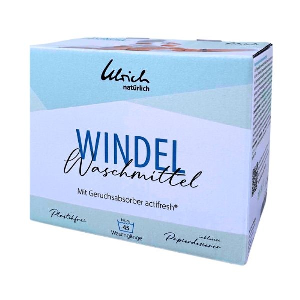 Eine Kartonschachtel mit einem Windelwaschmittel mit Geruchsabsorber