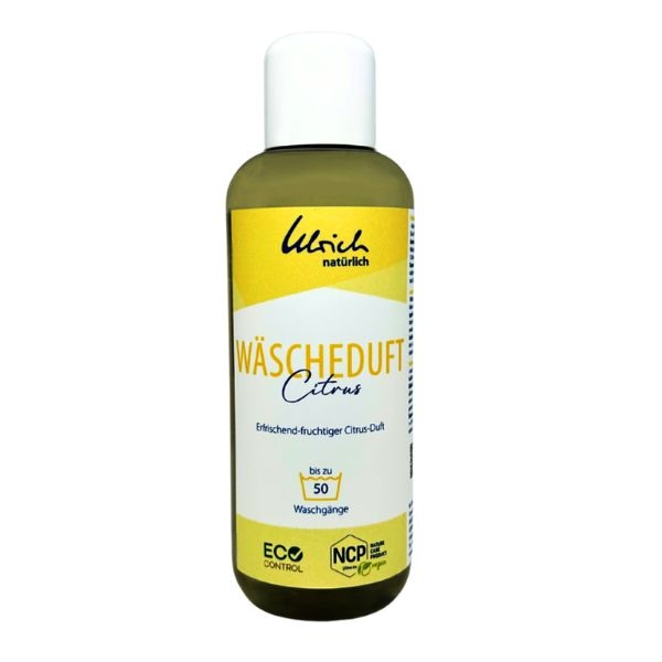 Eine Glasflasche mit dem Schriftzug Wäscheduft Citrus
